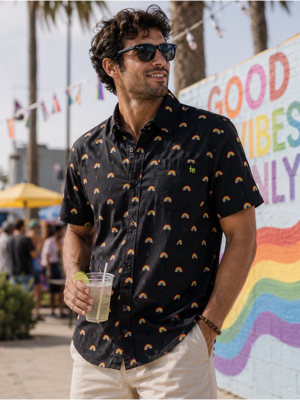 Tipsy Elves Black Short-Sleeve Button-Up Shirt with Rainbow Print
